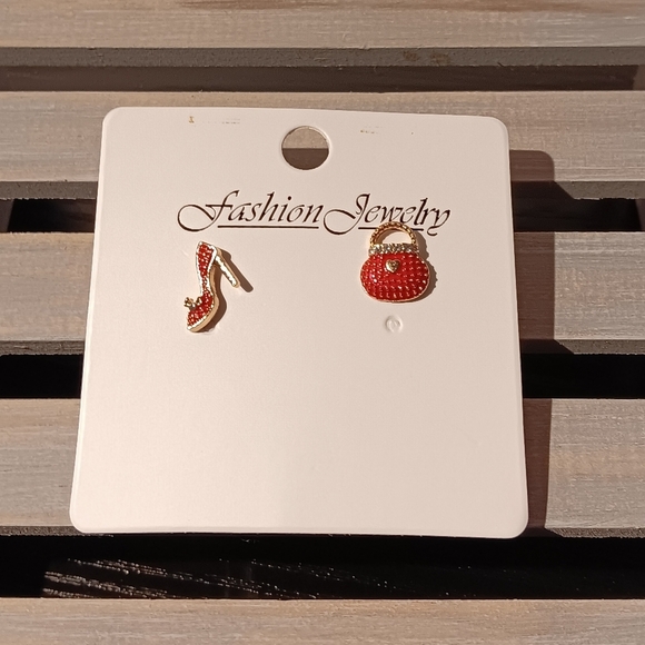 Red Shiny 14K Plated Purse And Heels Alloy Rhinestone Earrings - Picture 3 of 6